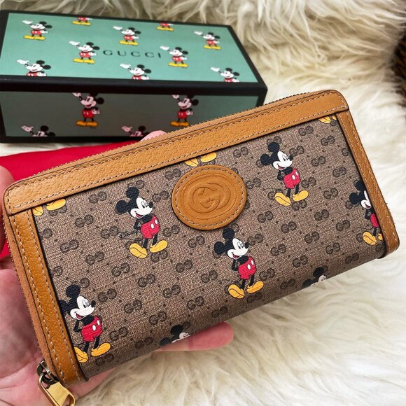 Gucci GG Disney X Mickey Mouse Zip Around Tan Gold Brown Purse Wallet Italy NEW - Picture 4 of 13